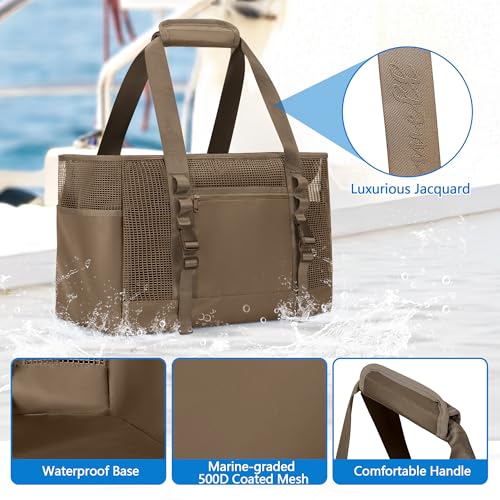 Yarwo Boat Gear Tote Bag, 35.5L Waterproof Boat Accessories Organizer with Marine-grade Coated Mesh and Wet Dry Pockets - color: Brown
