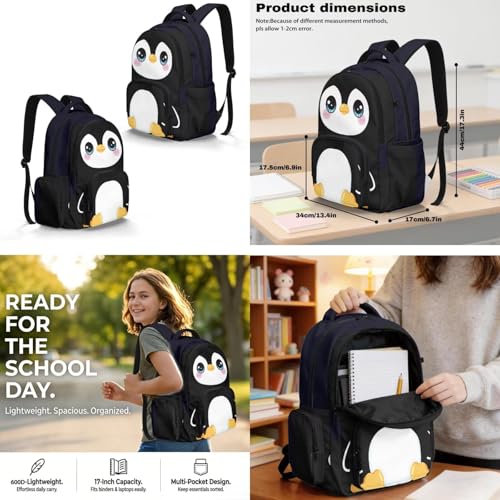 Penguin Print Backpack for Kids 4 Pieces School Backpack with Insulated Lunch Bag with Pencil Case Water Bottle Carrier for 4-6 Years - color: Penguin