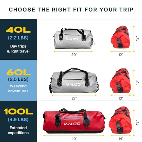 Malo’o Waterproof Dry Duffel, Heavy-Duty Roll Top Waterproof Gear Bag with Shoulder Strap & Molle Loops, Marine Duffel for Kayaking, Boating, Camping, Beach & Travel, Red, 100L - color: Red, size: 100L