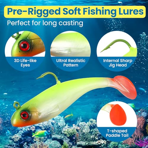 Mimorou 18 Pcs Soft Fishing Lures with Pre Rigged Jig Head Lifelike Paddle Tail Swimbaits Bass Fishing Lures with Sharp Hook 3D Eyes Mixed Colors for Bass Trout Crappie Walleye Freshwater Saltwater