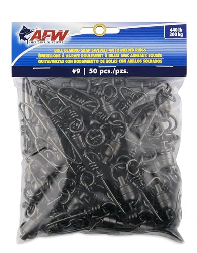 AFW Solid Brass Ball Bearing Snap Swivels with Welded Rings - Black Finish, Up to 450 lb Test Capacity, Patented Bullet Shaped Head for Reduced Water Resistance, Fluid Rotation - size: 50 pc, #9, 440 lb test