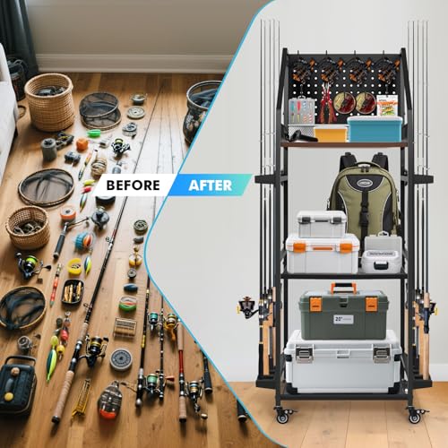 Fishing Pole Holders for Garage,3 Tiers Fishing Rod Rack,Holds up to 12 Rods,Fishing Organizer with Pegboard&Hooks&Lockable Wheels,Fishing Pole Storage for Reel Combos/Tackle/Fishing