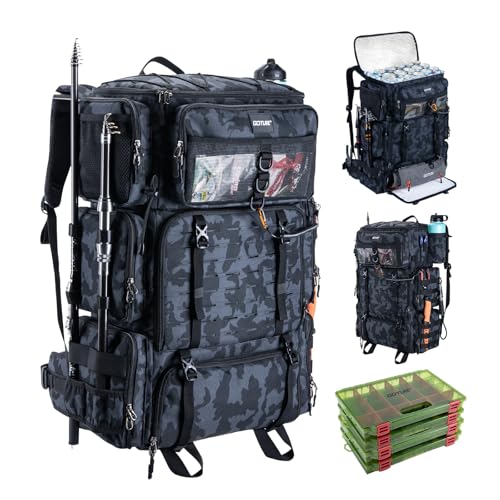 Goture Fishing Backpack with Cooler, 72L 600D Tackle Backpack Included 4 3700 Tackle Boxes, Dry & Wet Split Compartment, Large Fishing Tackle Bag with Rod Holders,Rain Cover for Travel Camping Hiking - color: A2:Camo with 4 3700 Tackle Boxes