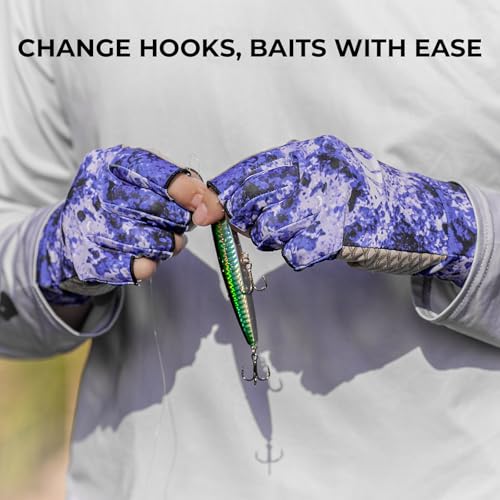 KastKing La Sal Fishing Gloves UPF50+ Sun Gloves UV Protection Fingerless Gloves Men Women for Outdoor, Kayaking, Rowing, Paddling, Canoeing, Hunting - color: E: Boulder Camo Royale, size: Small-Medium