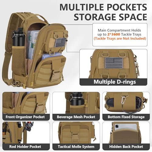 GMAK Fishing Backpack Tackle Sling Bag, Tactical Fishing Tackle Backpack with Rod & Gear Holder, Lightweight Outdoor Water-Resistant Tackle Gear Pack Shoulder Bags for Men Women, Khaki - color: Khaki, size: Standard, style: Sling Backpack
