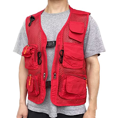 Men Mesh Breathable Multi-Pocket Vest Outdoor Travelers Fly Fishing Photography - color: Red, size: Medium