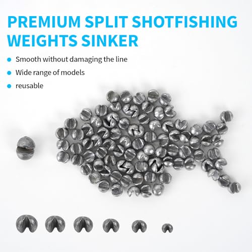 Caleb 200/320Pcs Split Shot Fishing Weights Sinkers, Removable Lead Fishing Weights, Premium Duckbill Reusable Fishing Sinkers for Freshwater Saltwater Bass Trout Fishing Accessories - 5/6 Sizes - size: 200PCS/5 SIZE