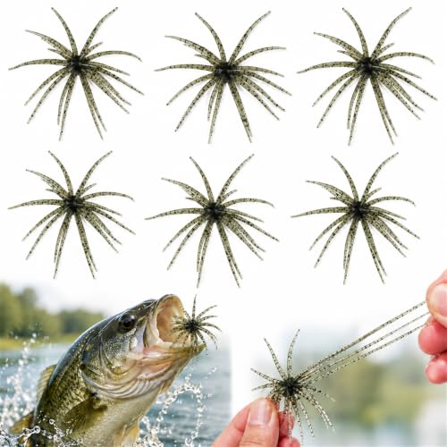 6Pcs Sea Urchin Bait, Realistic Fuzzy Dice Fishing Lure for Bass & Perch, Floating TPR Swimbait with Reflective Stars, 6 Colors Artificial Worm Bait for Saltwater & Freshwater - color: A, size: 2.76"