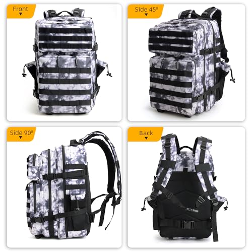 LUPU TACTICAL 45L Backpack for Men and Women 3 Days Assault Pack Outdoor Travel Hiking Camping Rucksack with Molle Webbing (Black and White)