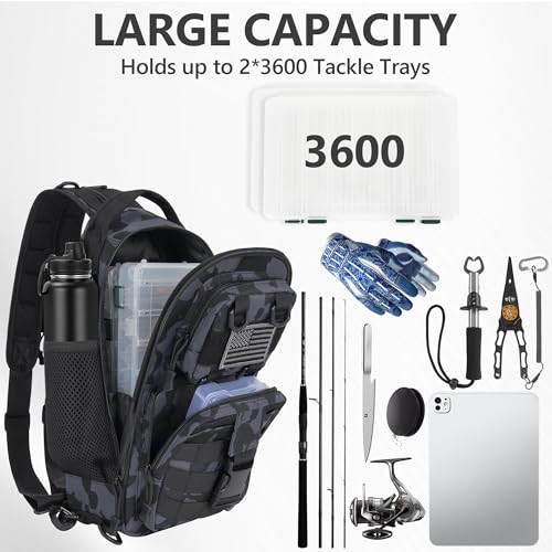GMAK Fishing Backpack Tackle Sling Bag, Tactical Fishing Tackle Backpack with Rod & Gear Holder, Lightweight Outdoor Water-Resistant Tackle Gear Pack Shoulder Bags for Men Women, Black Camo - color: Black Camo, size: Standard, style: Sling Backpack