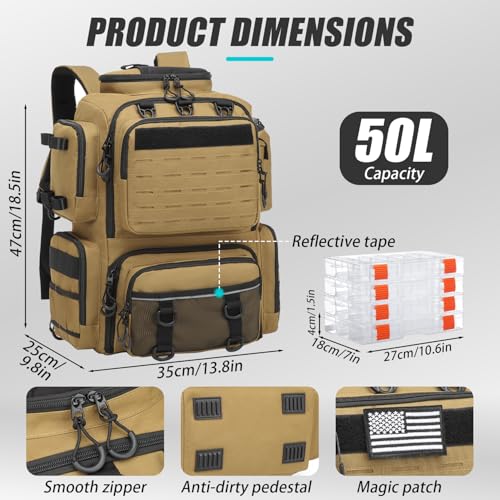 Tactical Fishing Backpack with Tackle Boxes, Rod Holders & Bottle Holder, 50 L Large Insulated Fishing Tackle Box Backpack with Cooler, Fishing Bag Store Gear & Equipment, 900 D Oxford, Brown - color: Brown