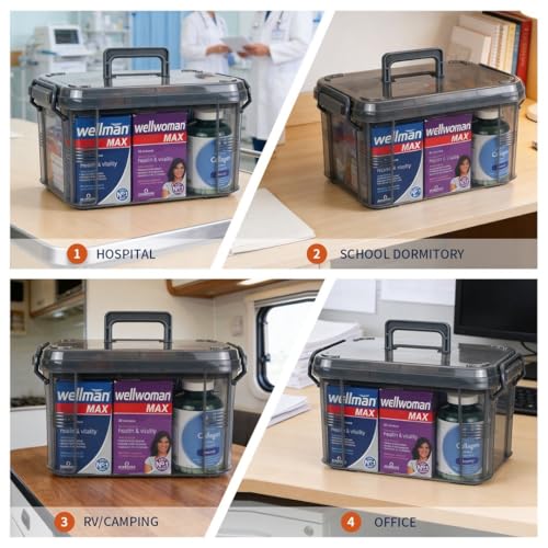 HEY FOLY 15qt Medicine Organizer Storage Box with Tray, Plastic First Aid Box Empty, Thickened Medicine Container Chest, Multipurpose Medical Case with Labels, Grey Medicine Caddy - color: Grey