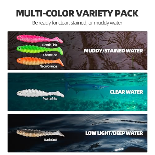 30pcs Soft Plastic Swimbaits with Paddle Tail, T-Tail Fishing Lures for Vertical Jigging and Casting, Freshwater Swimbaits for Bass, Trout, Walleye & Crappie - color: Dual Ribbed, 3''