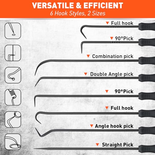 HORUSDY 8-Piece Professional Hook and Pick Set for Automotive Precision Work, Oil Seal Puller, O-Ring & Gasket Removal Tools with Ergonomic Handles for Mechanics, DIY Car Repair - size: 8-Piece