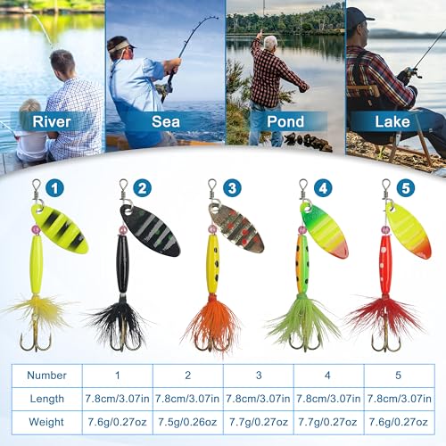 Spinner Baits Bass Lures Rooster Feather Tail Fishing Lures Trout Lures Hard Metal Inline Spinnerbaits for Bass Trout Pike Walleye Salmon with Tackle Box - style: B-10pcs-3"-0.27oz