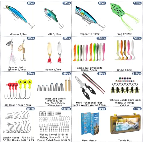 WITOROR Fishing Lures, Tackle Box with Tackle Included, Crankbaits, Soft Plastic Baits, Hooks, Weights & Fishing Accessories, Freshwater Fishing Gear Kit for Bass, Trout, Walleye & Beginners - size: 148pcs Advanced Kit