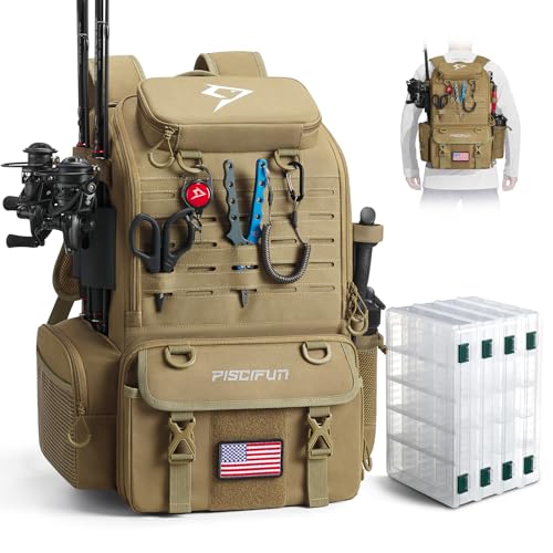 Piscifun 52L Fishing Tackle Backpack with Rod Holders & 4 Tackle Boxes, Large Tackle Bag for Gear Storage with Rain Cover - color: Khaki