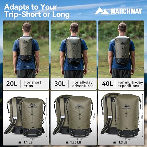 MARCHWAY Floating Roll Top Dry Bag, Flexible Lightweight TPU Waterproof Backpack 20L/30L/40L with Padded Straps for Boating, Kayaking, Swimming, Hiking, Beach (Green, 20L) - color: Green, size: 20L