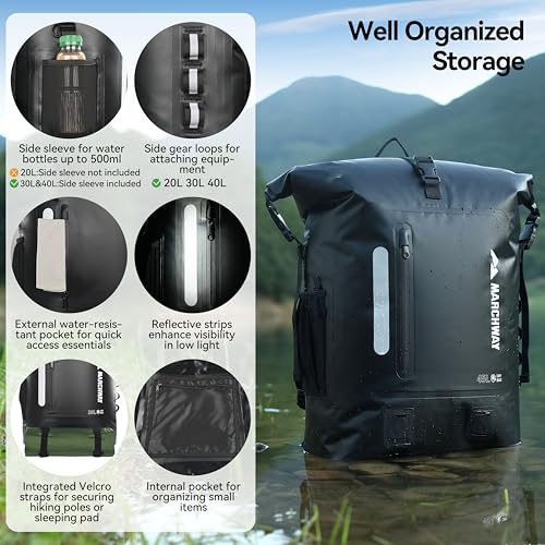 MARCHWAY Roll Top Waterproof Backpack, Floating Dry Bag 20L/30L/45L with Ergonomic Rectangular Base, Cushioned Back, Hip Strap for Hiking Camping Kayaking Travel (Black, 45L) - color: Black, size: 45L