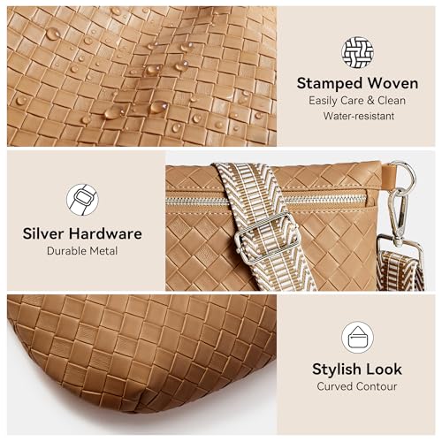 KALIDI Woven Crossbody Bags for Women Travel Vegan Leather Fanny Packs for Woman Cross Body Purse Fashion Belt Bum Bag with Wide Strap - color: Light Brown