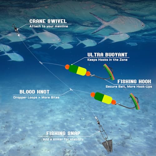 Pompano Rig Saltwater Surf Fishing Rigs – Double Drop Leader Rigs with Hooks, Floats, Beads & Snap – Easy Pre-Tied Terminal Tackle for Pompano, Whiting, Redfish - color: Assorted Colors–H, size: 12 Pack
