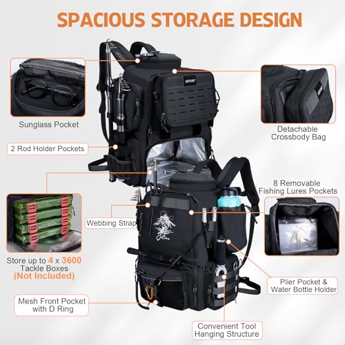 Goture Fishing Backpack, 58L 900D Water-Resistant Insulated Tackle Backpack with Cooler, Rod Holders, 8 Lure Pockets, Detachable Crossbody Bag, Gear Storage Large Fishing Bag for Camping Hiking - color: Black