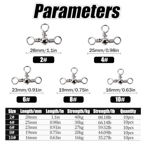 50pcs 3 Ways Ball Bearing Swivels FS/ZH-04 | Fishing Terminal Tackle Kit, Barrel Swivels Fishing Tackle Kit,for Crankbaits Sinker Weights, Connectors Saltwater - color: Silver, size: 10#+8#+6#+4#+2#