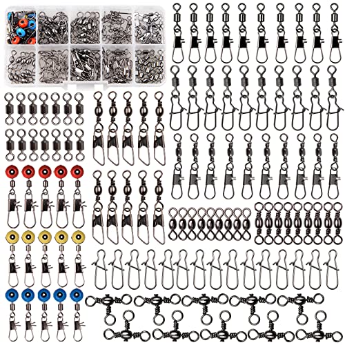 Fishing Swivels Kit - Ball Bearing Swivel, Rolling Barrel Swivel, Crossline Three Way Swivel, Duo Lock Snap, High Strength Fishing Line Connector for Bass Trout Saltwater Freshwater - color: 115PCS