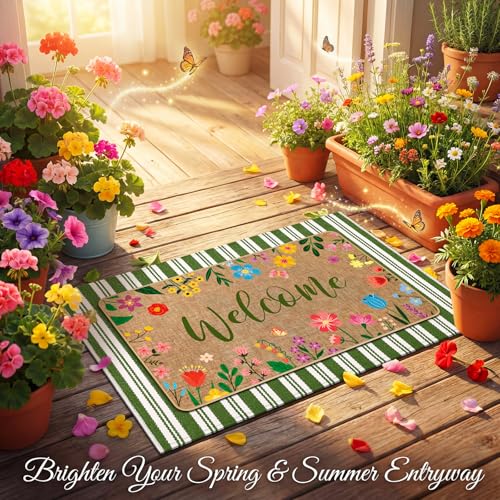 Tinideya 2 Pcs Summer Floral Door Mat Outdoor Wildflower Welcome Doormat for Front Door Linen Rubber Layered Flower Stripes Doormat Non Slip Summer Rugs for Porch Entryway Outside Floor Decor - size: 16 x 28 Inch,24 x 35 Inch, style: Welcome
