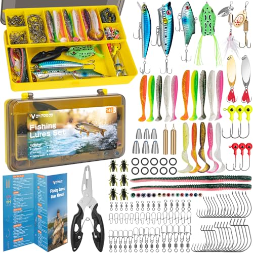 WITOROR Fishing Lures, Tackle Box with Tackle Included, Crankbaits, Soft Plastic Baits, Hooks, Weights & Fishing Accessories, Freshwater Fishing Gear Kit for Bass, Trout, Walleye & Beginners - size: 148pcs Advanced Kit