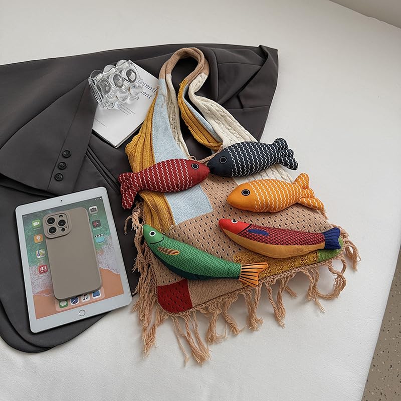 Knitted Beach Shoulder Bag for Women 3D Fish Bohemian Tote Versatile Purse Soft Hobo Handbag for Summer Vacation 2026 - color: A Khaki