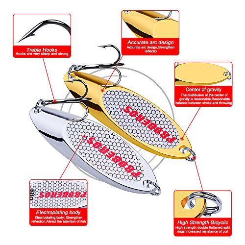 PROBEROS Fishing Spoons Lures Bass Baits Jigging Bait Tackle with Treble Hooks Hard Metal Spoon Fishing Lure Weight Pick 10 Pcs/Pack Silver Gold - color: 10PCS Silver, size: 10/14/18/21/28/32/35/40/50/60G-Mix 10PCS