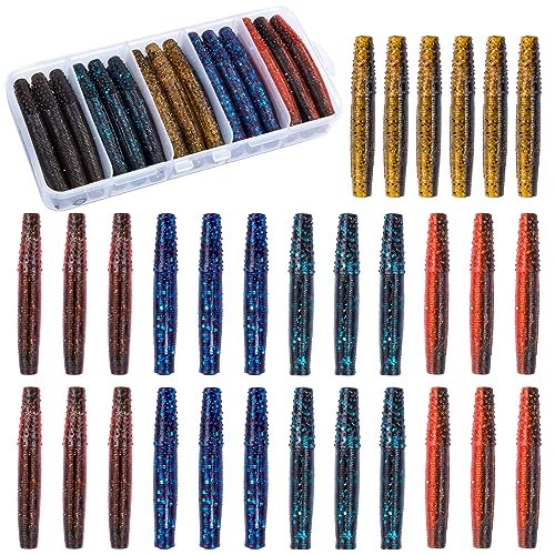 Soft Plastic Worm Fishing Lures Kit, Finesse TRD Stick Worms and Ned Rig Baits with Jig Heads for Bass Fishing, Freshwater Bass Soft Baits - color: Mix Color B - 30pcs Worms, size: 2.75"