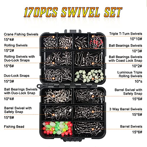 Fishing Swivels Kit - Ball Bearing Swivel, Rolling Barrel Swivel, Crossline Three Way Swivel, Duo Lock Snap, High Strength Fishing Line Connector for Bass Trout Saltwater Freshwater - color: 170PCS