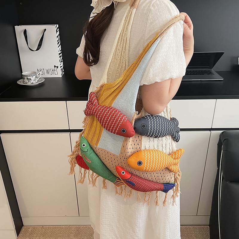 Bohemian style travel handbag for women large-capacity woven bag vacation beach seaside tote bag crochet purse - color: Khaki