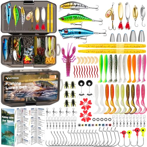 WITOROR Fishing Lures, Tackle Box with Tackle Included, Crankbaits, Soft Plastic Baits, Hooks, Weights & Fishing Accessories, Freshwater Fishing Gear Kit for Bass, Trout, Walleye & Beginners - size: 144pcs Standard Kit