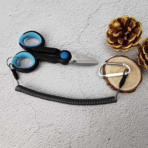 BXIO Fishing Scissors with Fishing Lanyard and Nylon Sheath, Braided Line Tools, Heavy Duty Anti-Slip Fiber Cable Cutter, Stainless Steel Fishing Pliers Scissors with Grinding Hook Tool - color: Black Blue