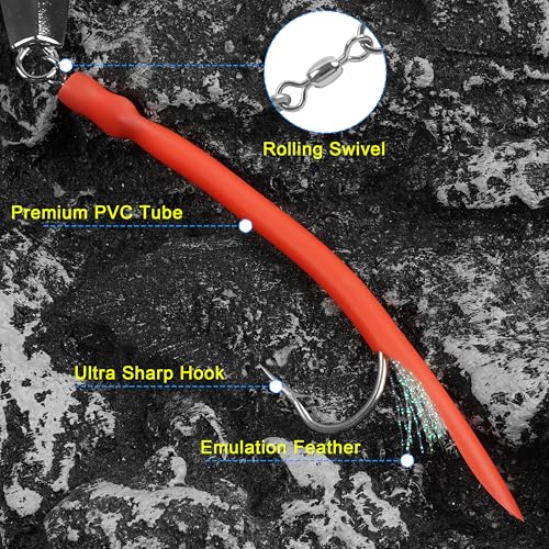 Diamond Jig Saltwater Fishing Lures Casting Jigging Spoon with Tube Tail Stainless Steel Hooks Trolling Lures Striped Bass Metal Jig for Deep Sea Surf Fishing Bottom Dragging Sinking - color: Red, size: 2 oz