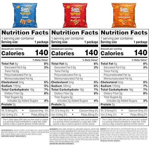 SunChips 100% Whole Grain Chips, Variety Pack, 1 oz Bags, Pack of 40, No Artificial Flavors, Colors - size: 40 Count (Pack of 1)