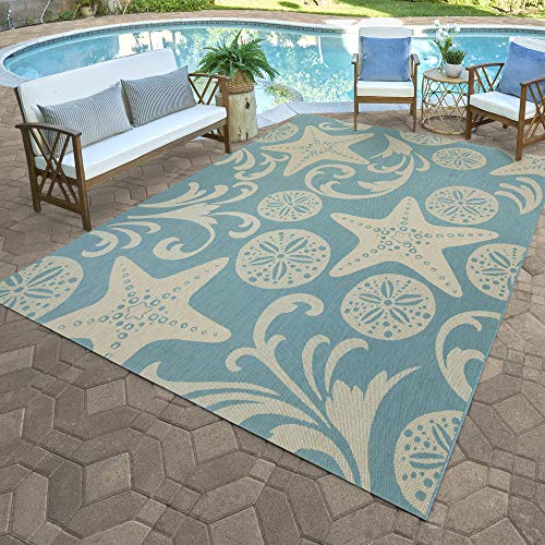 Gertmenian Indoor Outdoor Area Rug, Classic Flatweave, Washable, Stain & UV Resistant Carpet, Deck, Patio, Poolside & Mudroom, 6x9 Ft Medium, Party Starfish Sand Dollar, Oasis Green Sand - color: Party Starfish Sand Dollar Oasis Green Tan, size: 6'6" x 9'