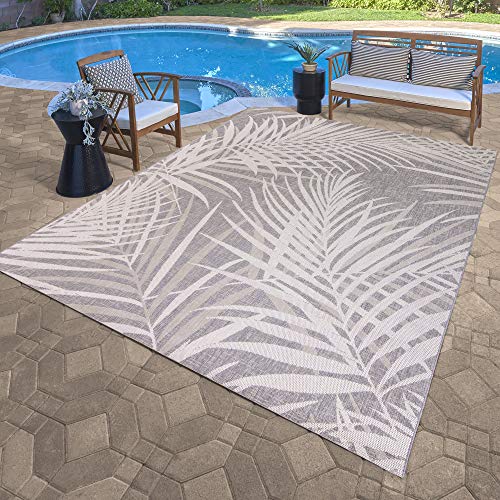 Gertmenian Indoor/Outdoor Flatweave Area Rug - 8x10 Large, Stain & UV Resistant, Ideal For Deck, Patio, Poolside, Mudroom - Royal Palm Leaf, Gray, 21951 - color: Royal Palm Leafs Gray, size: 7'10" x 10' (Rectangular)