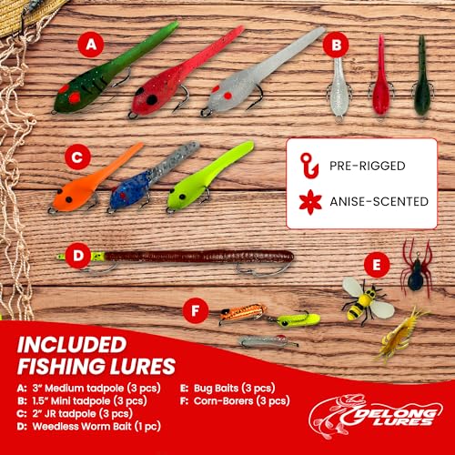 DeLong Lures 20-Piece Fishing Lures Kids Pack - Easy to Use Pre Rigged Lure Kit for Bluegill, Bass, Crappie - Soft Plastic Baits - Perfect Tackle Box Kit for Young Anglers and Kids - Made in USA