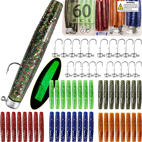 60/25 Pcs Ned Rig Jig Heads Soft Plastic Worms Stick Baits Kit, Mushroom Ned Rigs Jighead Hooks Worm Fishing Lures for Bass Freshwater Saltwater Fishing - color: 60 Pcs Ned Rig Lures