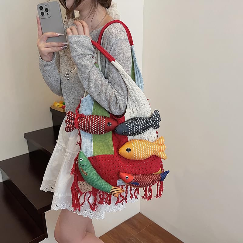 Bohemian style travel handbag for women large-capacity woven bag vacation beach seaside tote bag crochet purse - color: Red