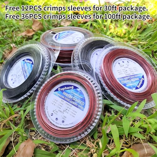 Eupheng Nylon Coated 1x7 & 7x7 Stainless Steel Leader Wire, Knottable Fishing Wire Leader Line for Saltwater, 20lb - 135lb Test in Black, Red in 30ft, 100ft Lengths, with Crimps Sleeves - color: 1x7 Black, size: 100 ft / 20 lb