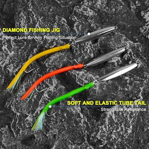 Diamond Jigs Saltwater Fishing Lures,Casting Jigging Spoon with Split Tube Tail Stainless Steel Hook Metal Jig Spoon Baits for Deep Sea Offshore Surf Fishing Bottom Sinking - color: 3pcs-3 Colors Mixed, size: 2oz