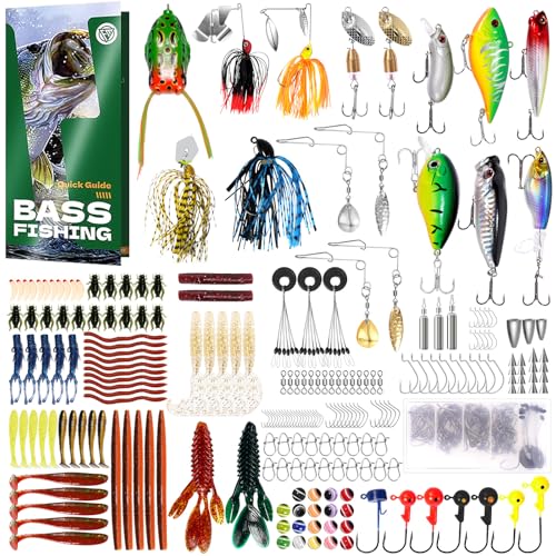 FONMANG 322-Piece Fishing Lures Kit - Buzz Bait/Spinner Baits/Jig/Frog, Fishing Tackle Box with Tackle Included, Soft Bait/Hooks/Weights, Fishing Gear Lure Kit Gift for Men Freshwater Bass Trout - color: A-322pcs Bass Fishing Kit