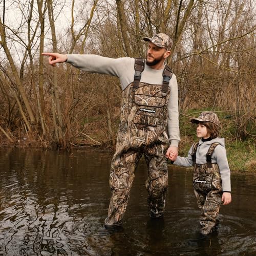 DaddyGoFish Neoprene Chest Waders for Kids and Adults, BootFoot, Fishing & Hunting with a Camouflage Caps, and a Wader Hanger - size: Adult(Men) 7