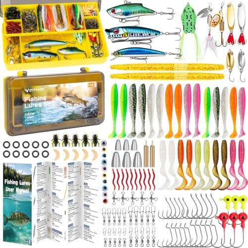 WITOROR Fishing Lures, Tackle Box with Tackle Included, Crankbaits, Soft Plastic Baits, Hooks, Weights & Fishing Accessories, Freshwater Fishing Gear Kit for Bass, Trout, Walleye & Beginners - size: 148pcs Premium Kit