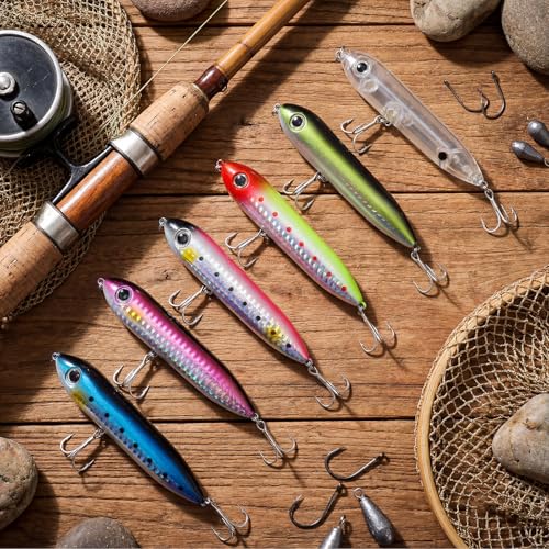6 Pcs Topwater Fishing Lure, Top Water Lures for Saltwater and Freshwater, Rattling Line Float Lure, Pencil-Shaped Lures Simulated Fishing Hooks 0.46 oz, for Catfish Bass, Mullet